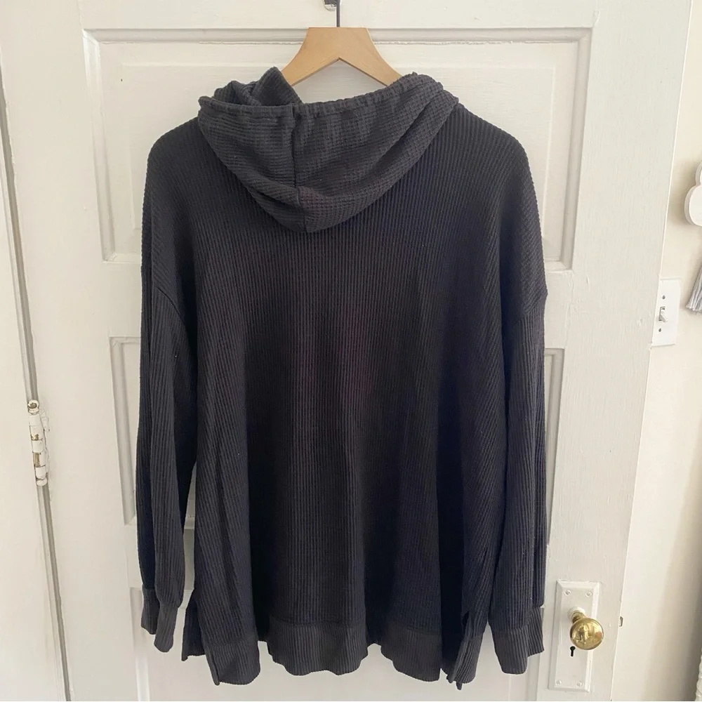 so black waffle knit lightweight hooded pullover sweatshirt size xl - Picture 2 of 4